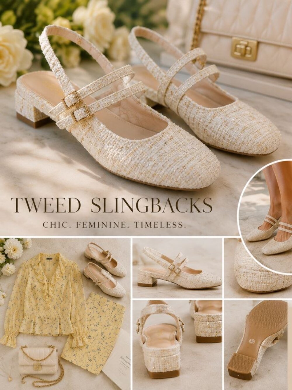 Tahari Tweed Mary Jane Slingback Heels Ivory Gold Sequin Size 8.5